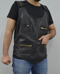Men's Black Rapper Style Strap Lambskin Leather Vest