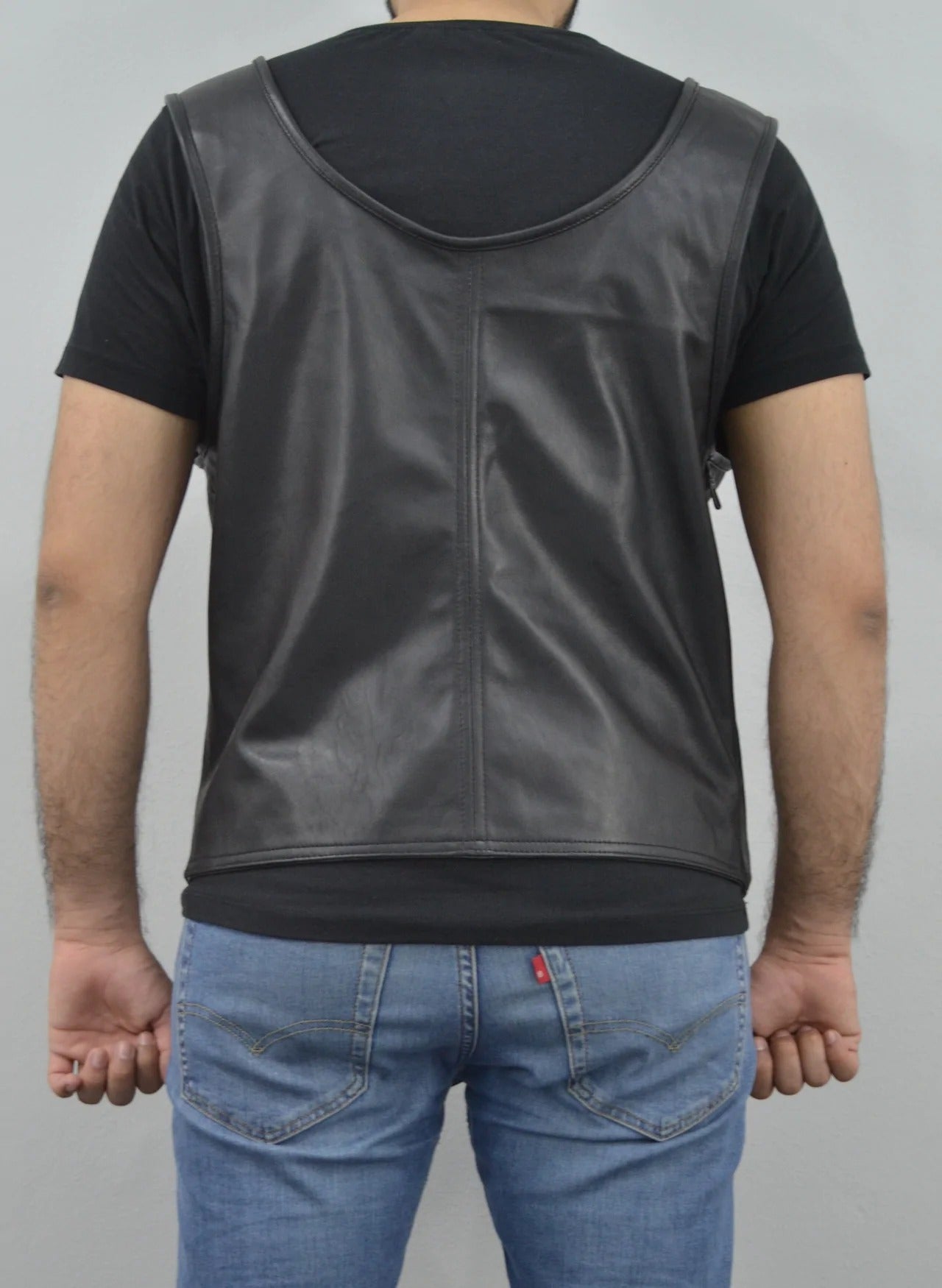 Men's Black Rapper Style Strap Lambskin Leather Vest β South Beach Leather