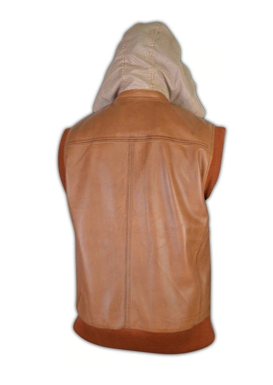 Mens Antique Tan Removable Hoodie Ribbed Leather Vest