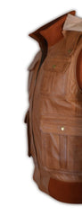 Mens Antique Tan Removable Hoodie Ribbed Leather Vest