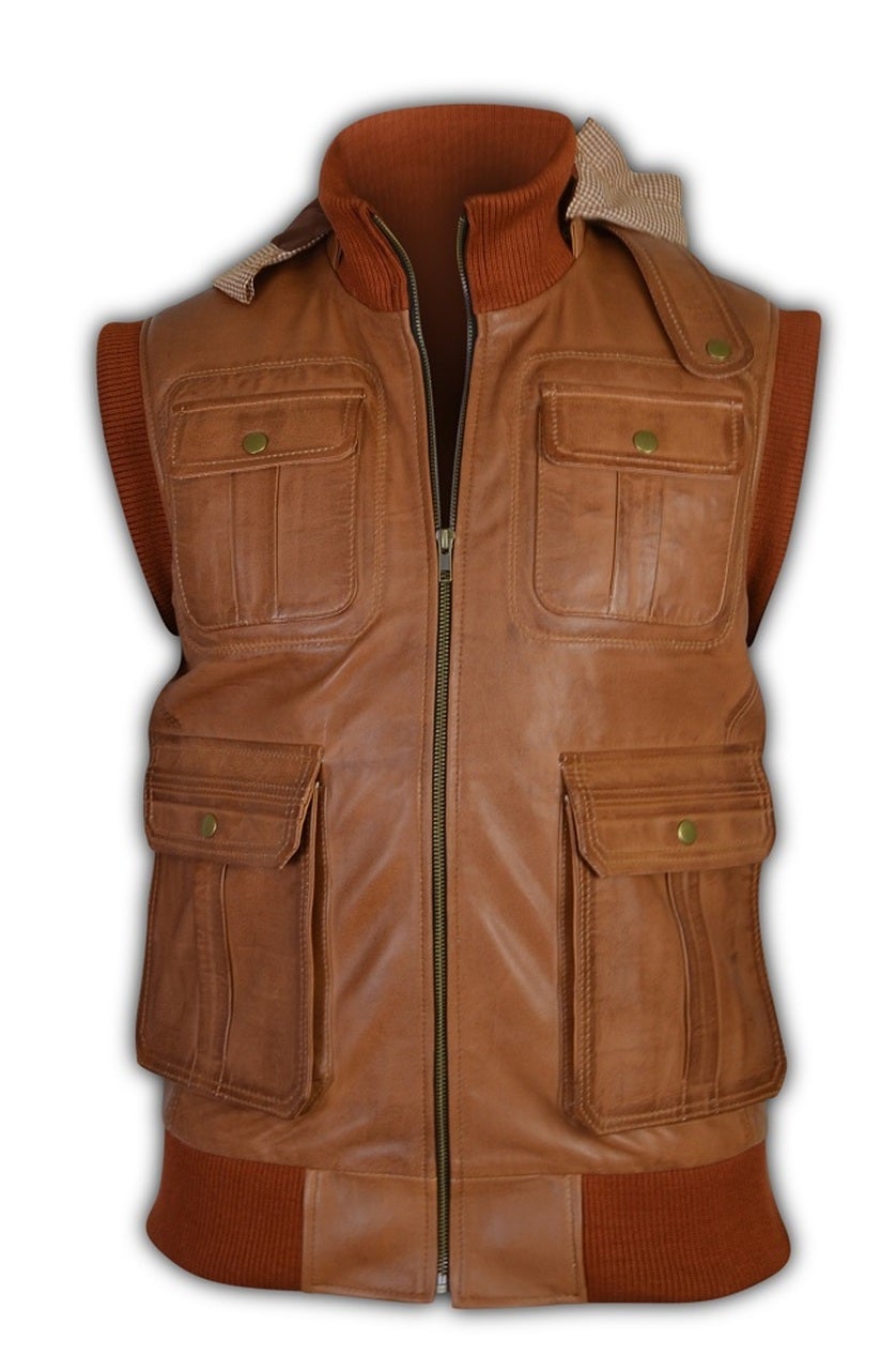 Mens Antique Tan Removable Hoodie Ribbed Leather Vest