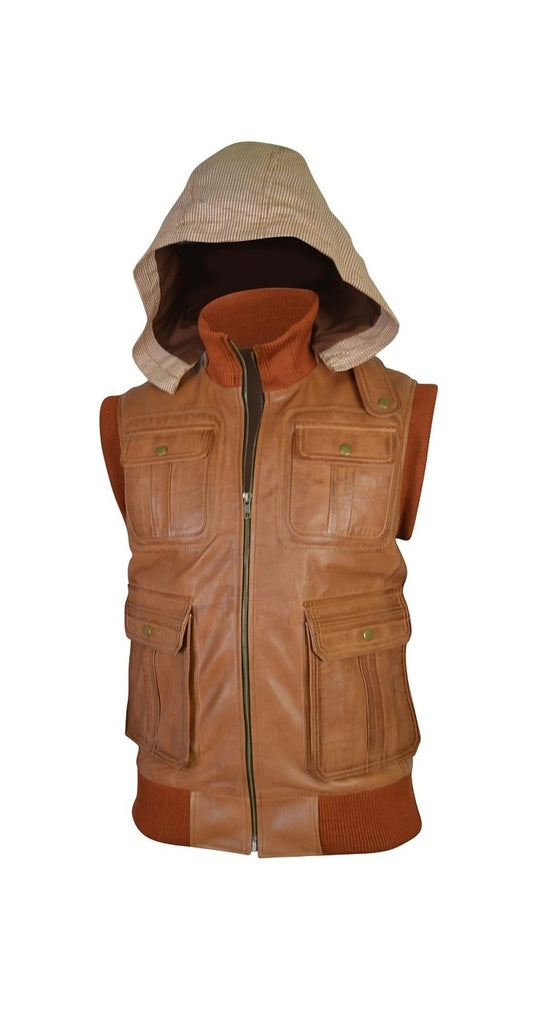 Mens Antique Tan Removable Hoodie Ribbed Leather Vest