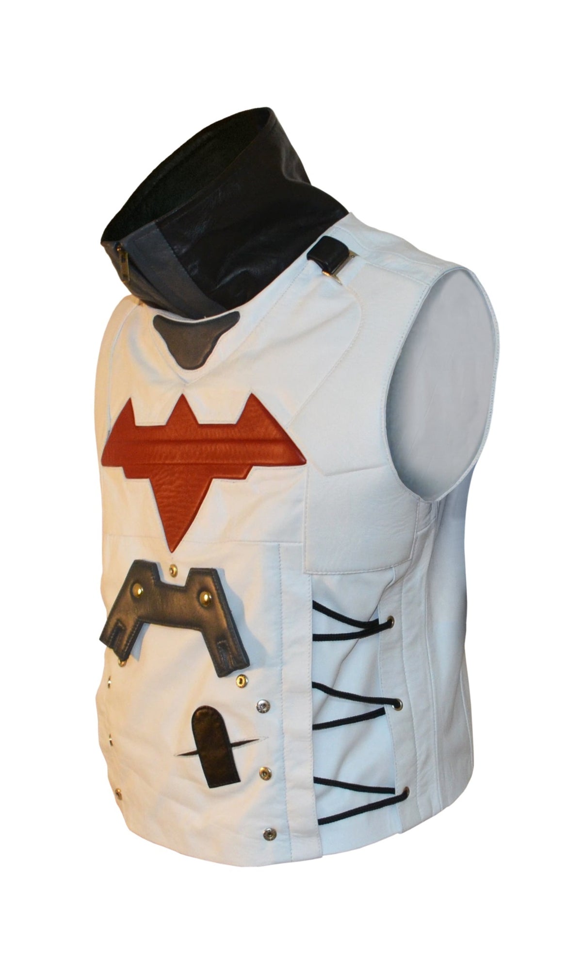 A white leather vest with a red bat design, black collar, and gray lining, displayed on a mannequin.