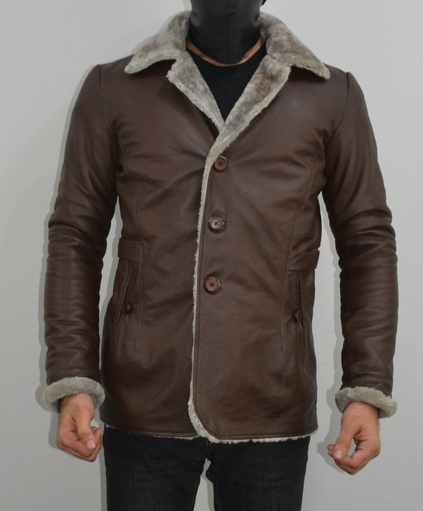 Men's Brown Fur Collar Slim Fit Leather Blazer Jacket M Men's Brown Fur Collar Slim Fit Leather Blazer Jacket M