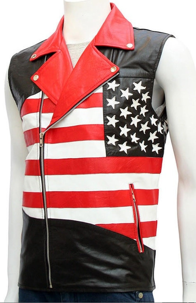 USA Flag American Black Biker Leather Vest - SouthBeachLeather
