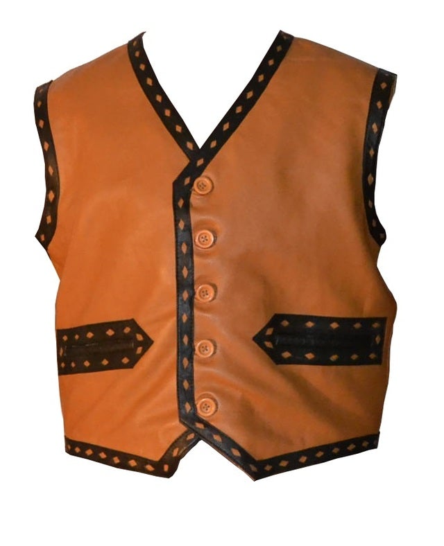 A tan leather vest with black accents, featuring a standing collar, button closure, and front pockets.