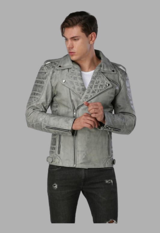 Mens Designer Grey Vintage Biker Leather Jacket